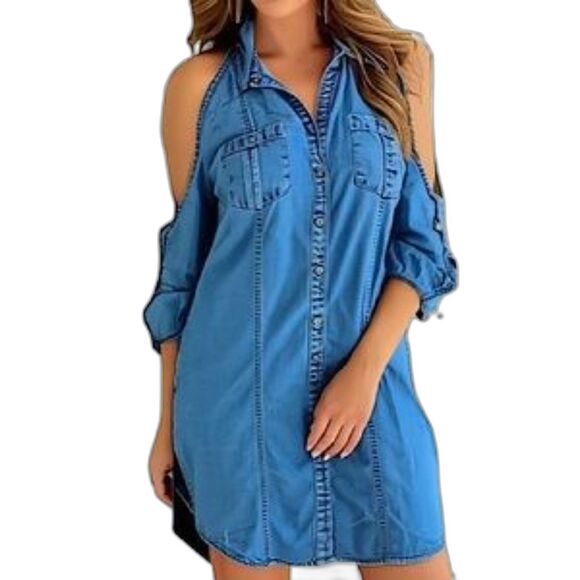 Guess Denim Chambray Cold Shoulder Button Front Dress Size Small - Picture 1 of 8
